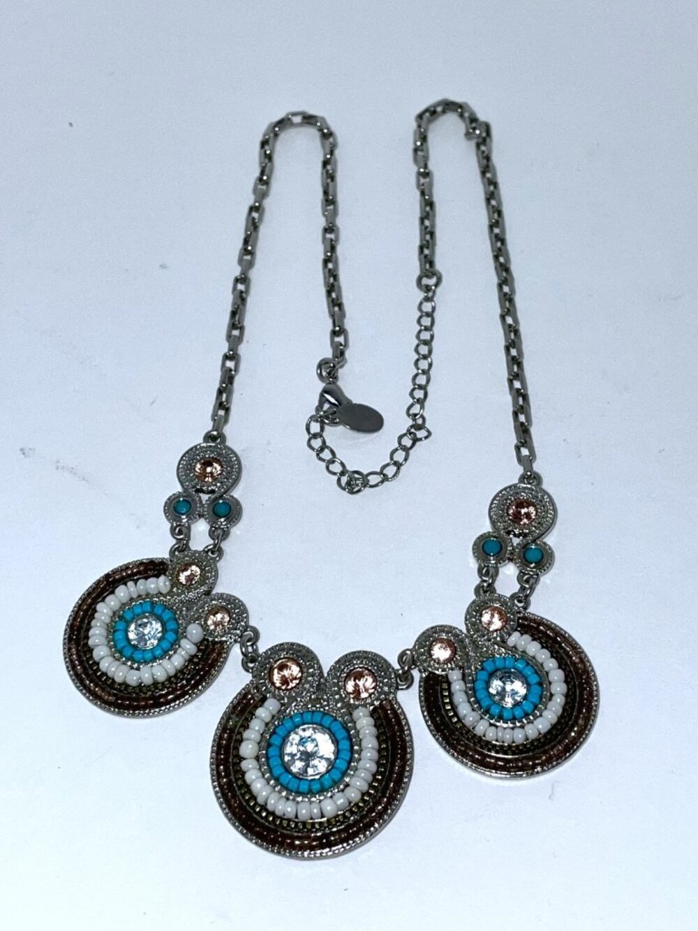 Cookie Lee Statement Necklace 21" Silver Tone Beaded Rhinestone Bib Necklace